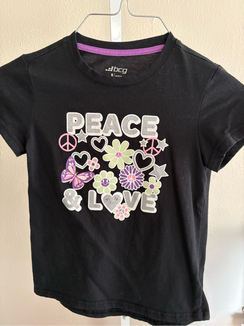 bcg Black Girls' 'Peace & Love' Graphic Tee with Pink & Lavender Accents Size 7